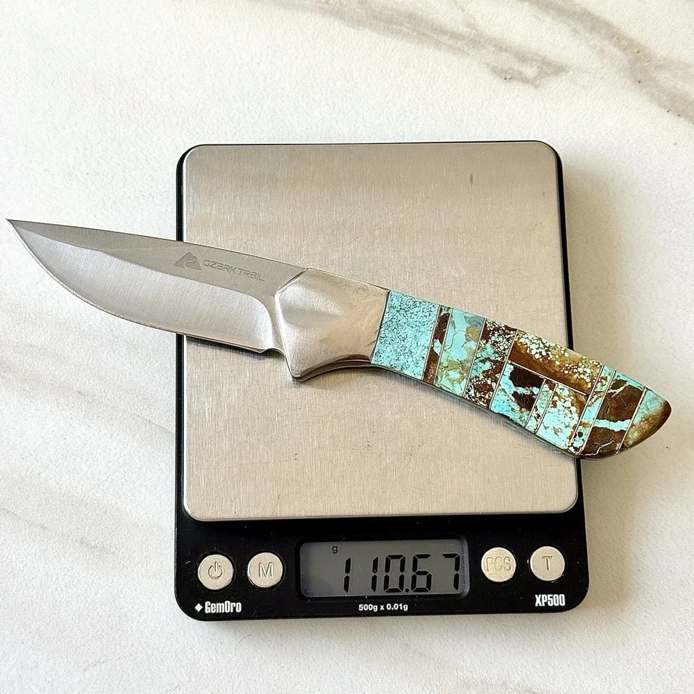 Native Amer Navajo Hunting Knife Number 8 Turquoise Francisco Drop Point Mosaic1